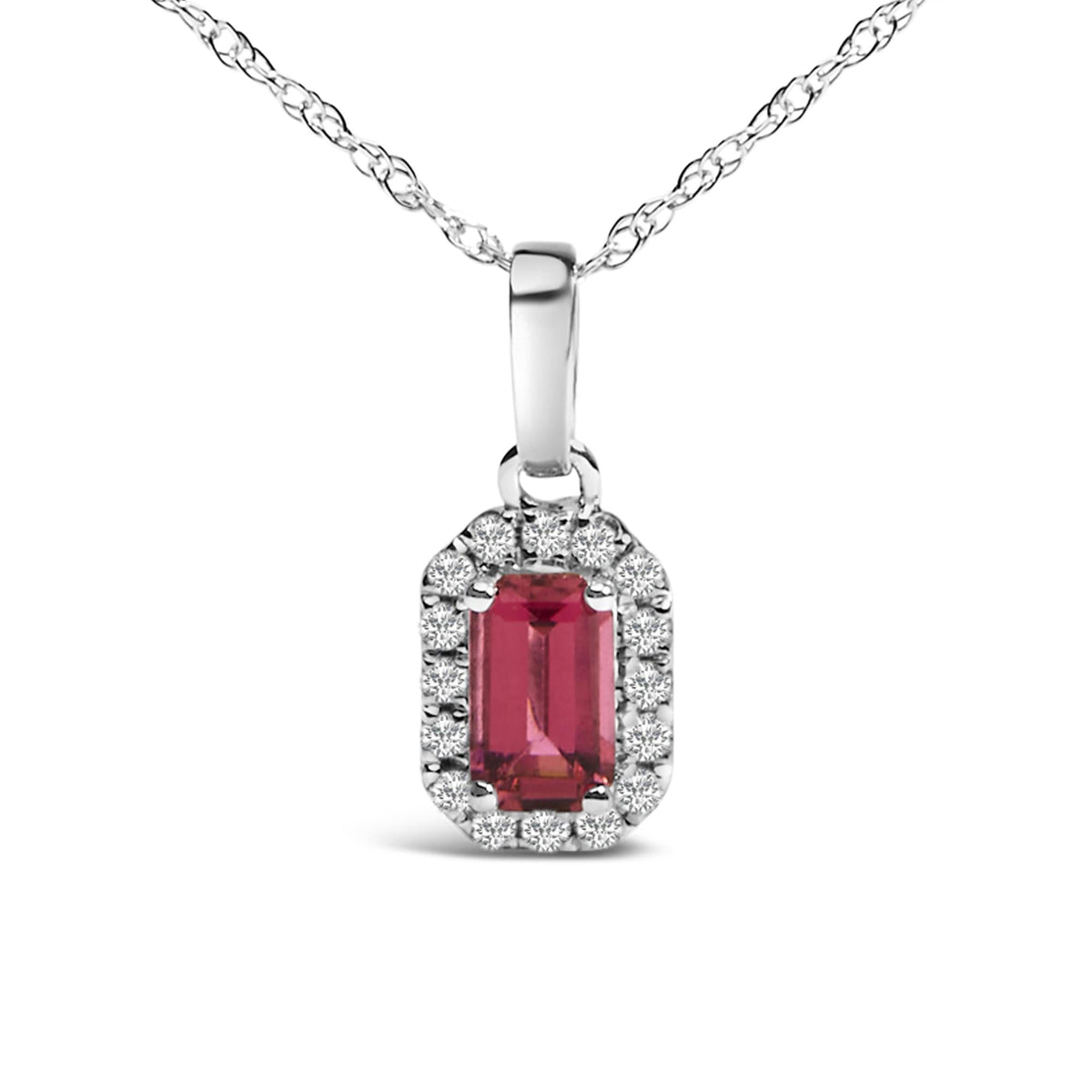 10K White Gold Gemstone & Diamond Halo Octagonal Pendant Necklace