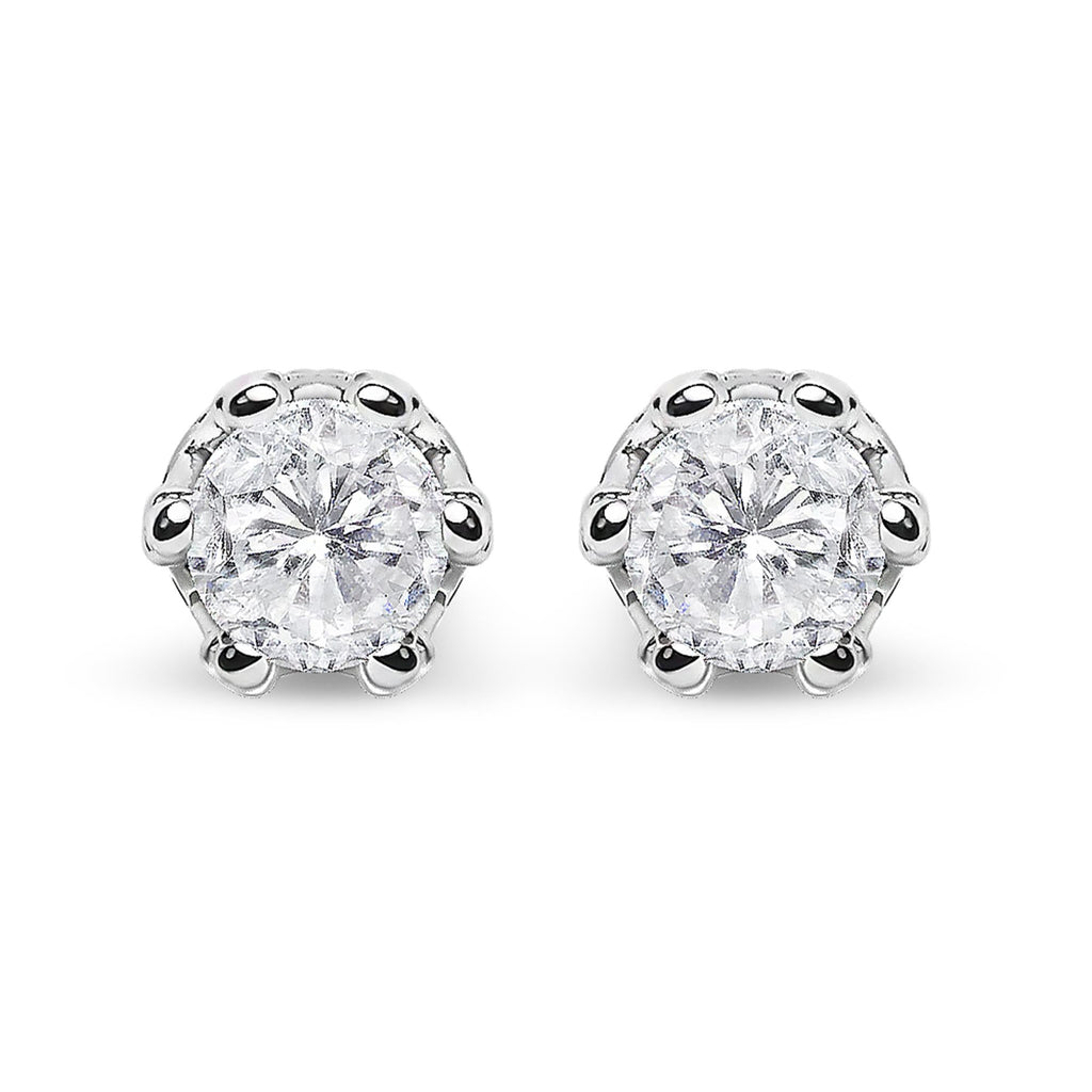 14K White Gold 1.0 Cttw Round Cut Prong-Set Diamond Crown Stud Earring (I-J Color, I1-I2 Clarity)