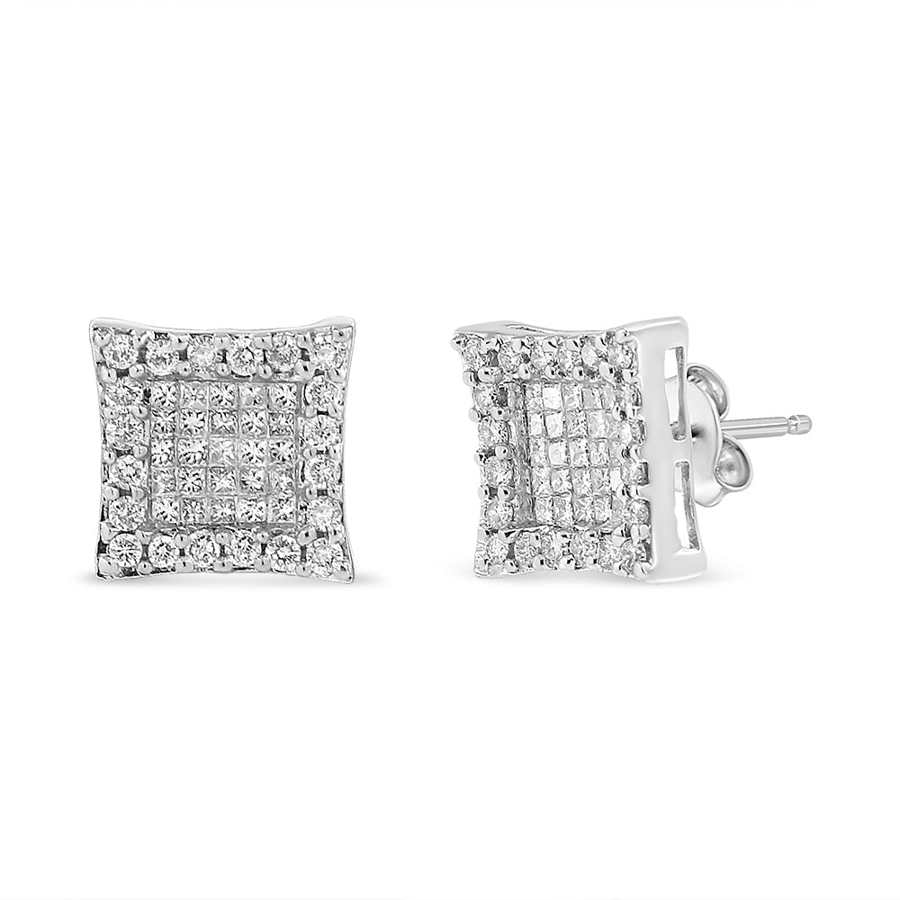 Princess Cut Diamond Halo Square Stud Earrings in 18K White Gold