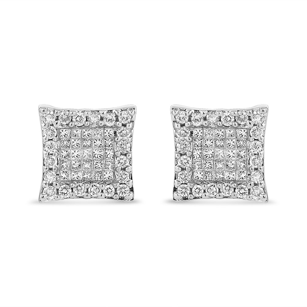 Princess Cut Diamond Halo Square Stud Earrings in 18K White Gold