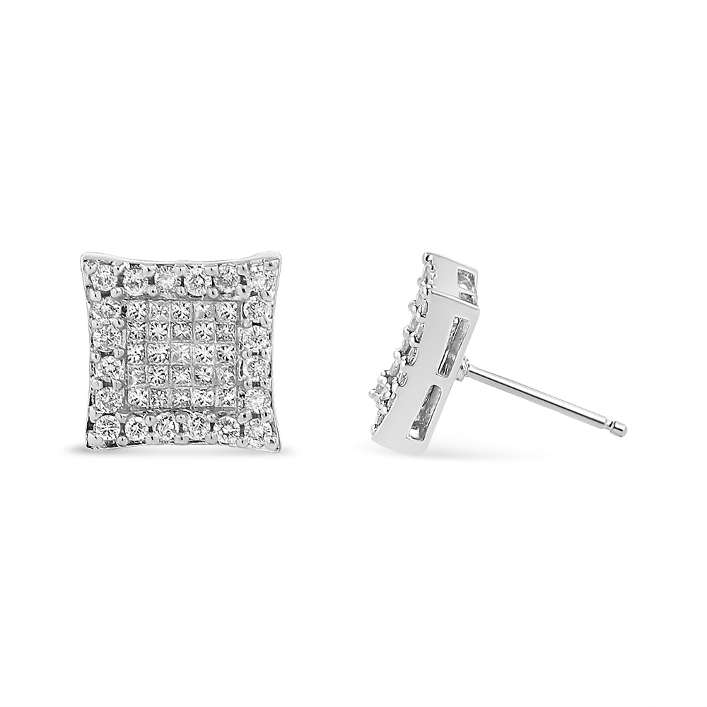 Princess Cut Diamond Halo Square Stud Earrings in 18K White Gold
