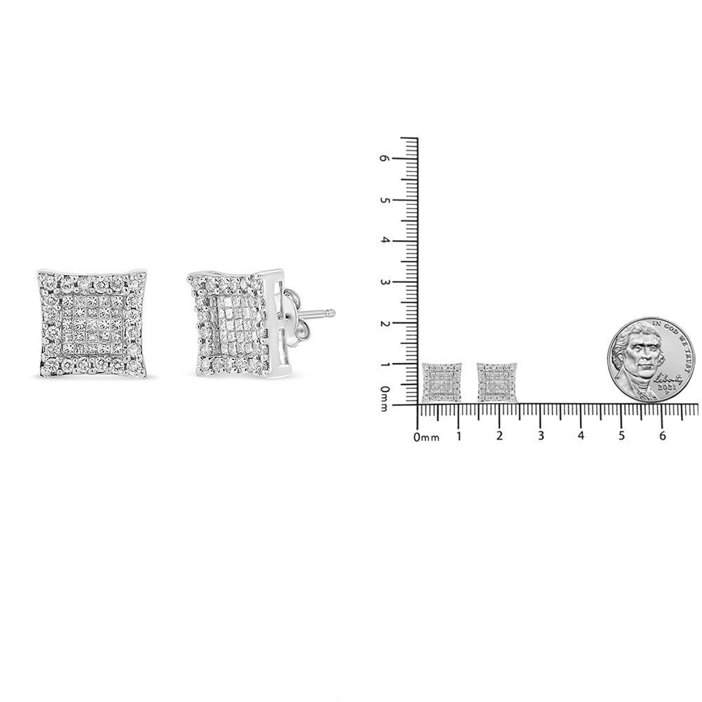 Princess Cut Diamond Halo Square Stud Earrings in 18K White Gold