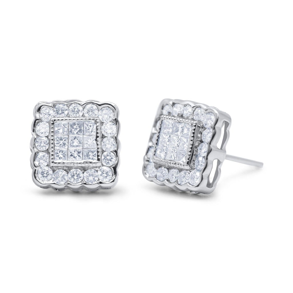 Diamond Scallop-Edge Square Halo Stud Earrings in 14K White Gold