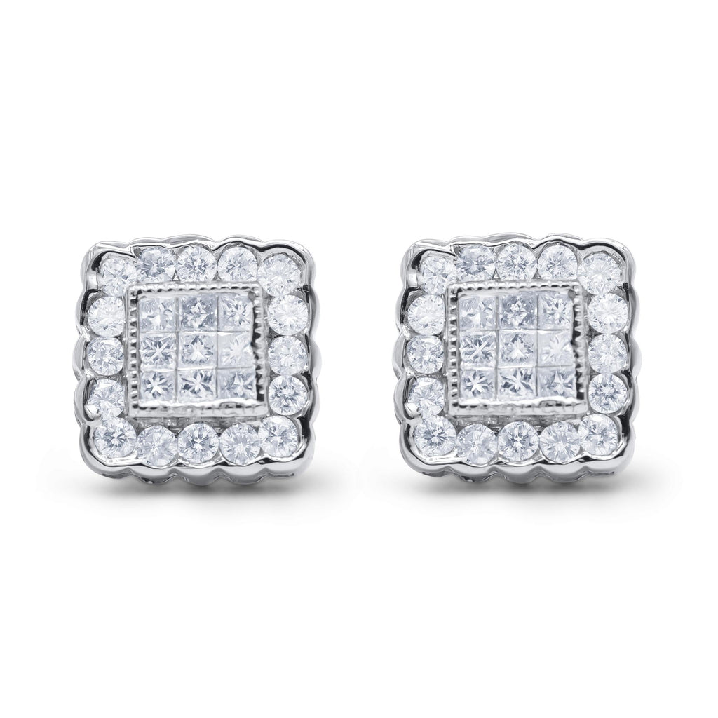 Diamond Scallop-Edge Square Halo Stud Earrings in 14K White Gold