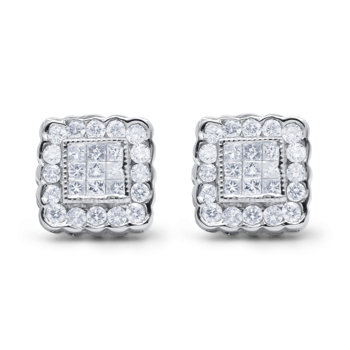 Diamond Scallop-Edge Square Halo Stud Earrings in 14K White Gold