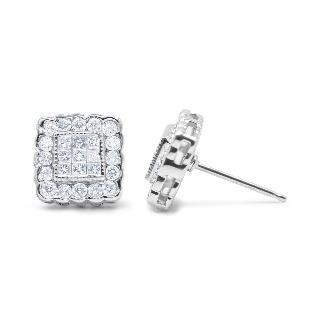 Diamond Scallop-Edge Square Halo Stud Earrings in 14K White Gold