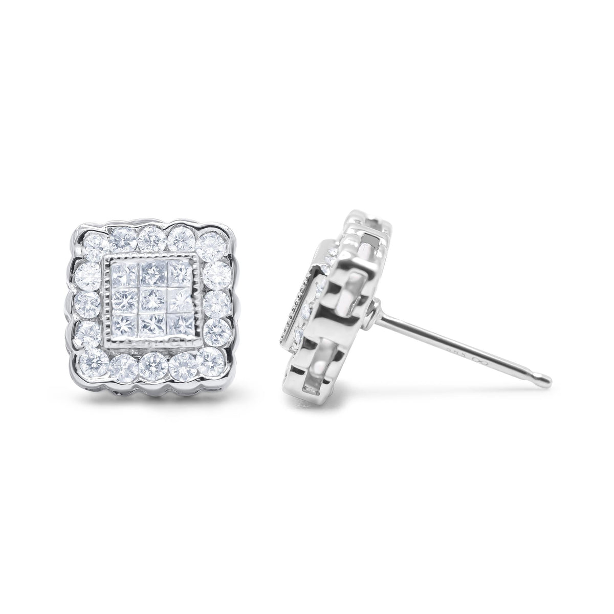 Diamond Scallop-Edge Square Halo Stud Earrings in 14K White Gold