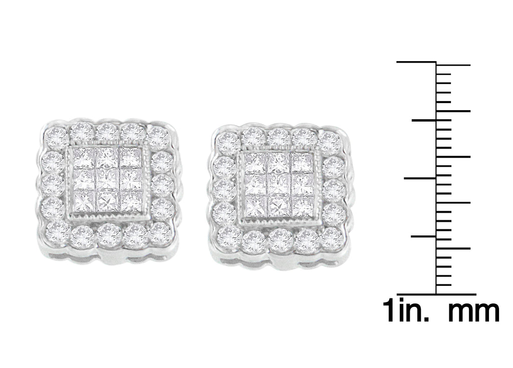 Diamond Scallop-Edge Square Halo Stud Earrings in 14K White Gold