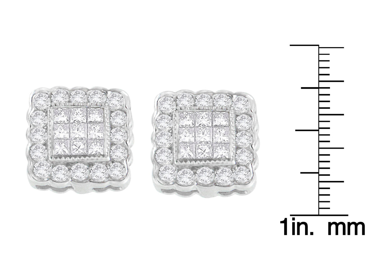 Diamond Scallop-Edge Square Halo Stud Earrings in 14K White Gold