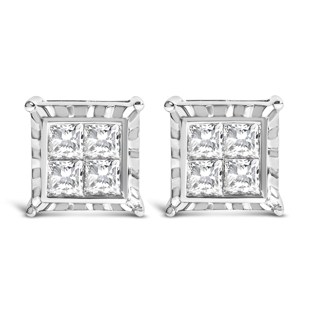 14K White Gold 1 1/2 Cttw Invisible Set Princess-Cut Diamond Contemporary Wavy Quad Stud Earrings (I-J Color, I1-I2 Clarity)