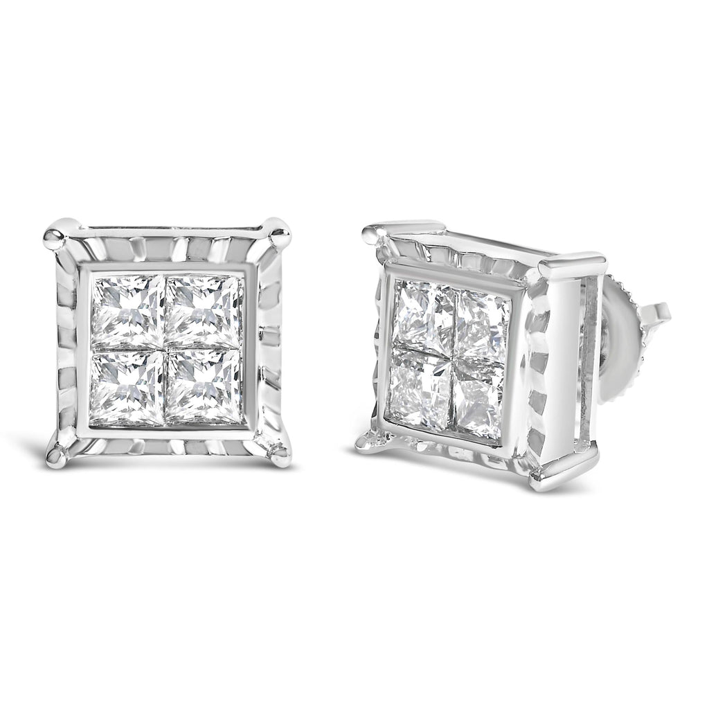 14K White Gold 1 1/2 Cttw Invisible Set Princess-Cut Diamond Contemporary Wavy Quad Stud Earrings (I-J Color, I1-I2 Clarity)