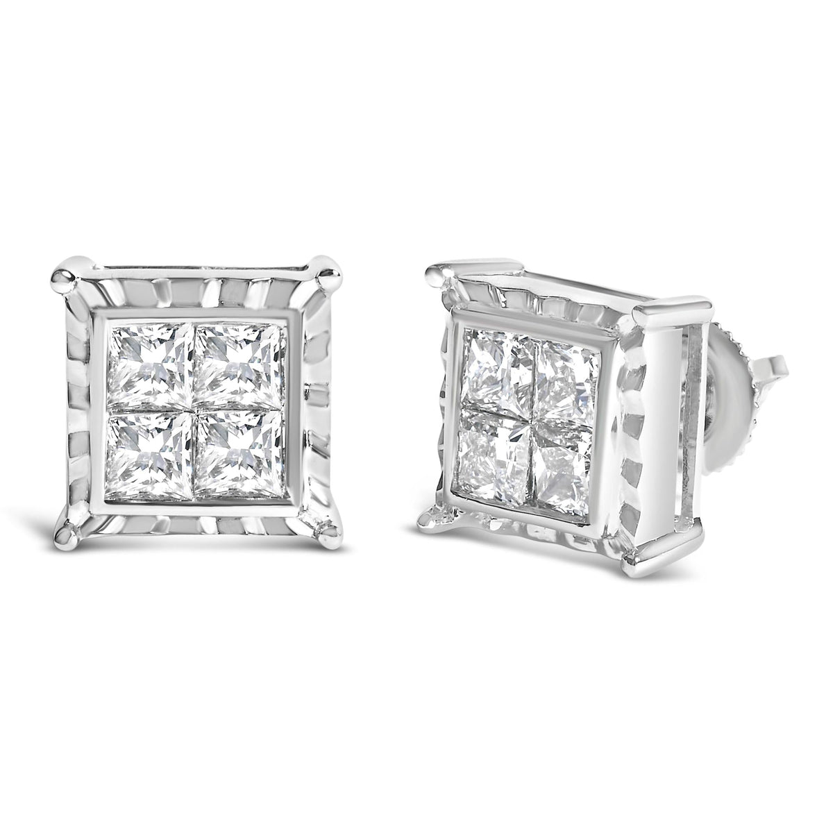 14K White Gold 1 1/2 Cttw Invisible Set Princess-Cut Diamond Contemporary Wavy Quad Stud Earrings (I-J Color, I1-I2 Clarity)