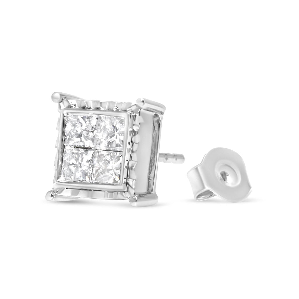 14K White Gold 2.00 Cttw Invisible Set Princess-Cut Lab Grown Diamond Wavy Quad Stud Earrings