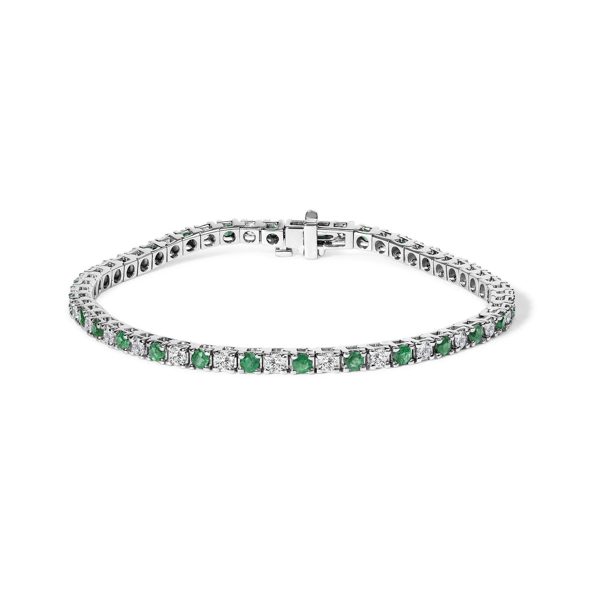 14K White Gold Alternating 1 1/2 Cttw Diamond and Emerald Tennis Bracelet