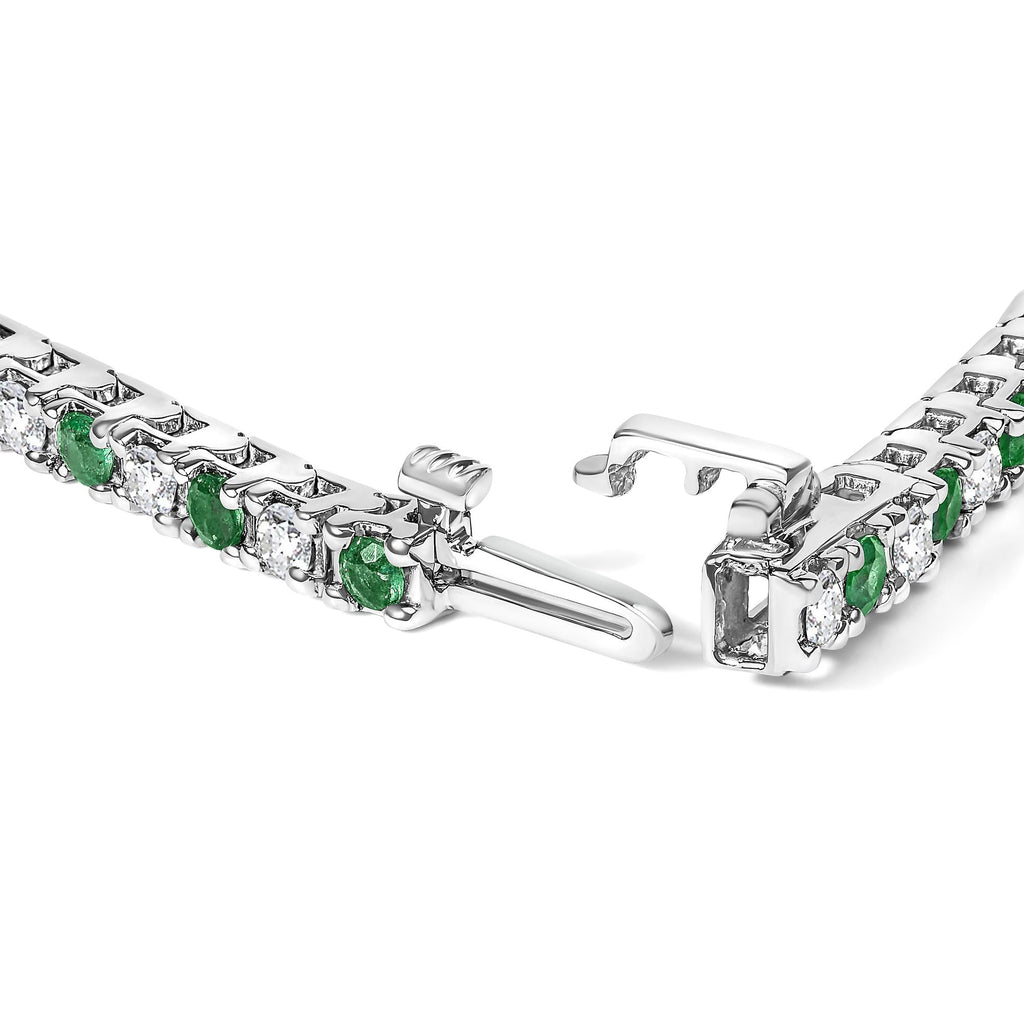 14K White Gold Alternating 1 1/2 Cttw Diamond and Emerald Tennis Bracelet