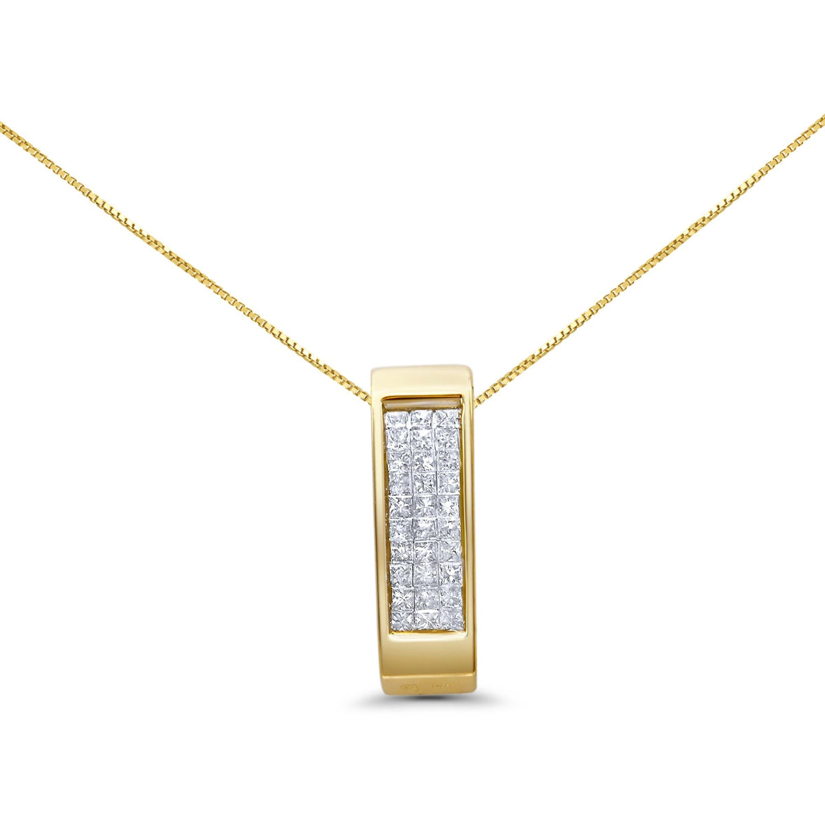 14K Gold Invisible Set Princess Cut Diamond Vertical Bar Pendant Necklace