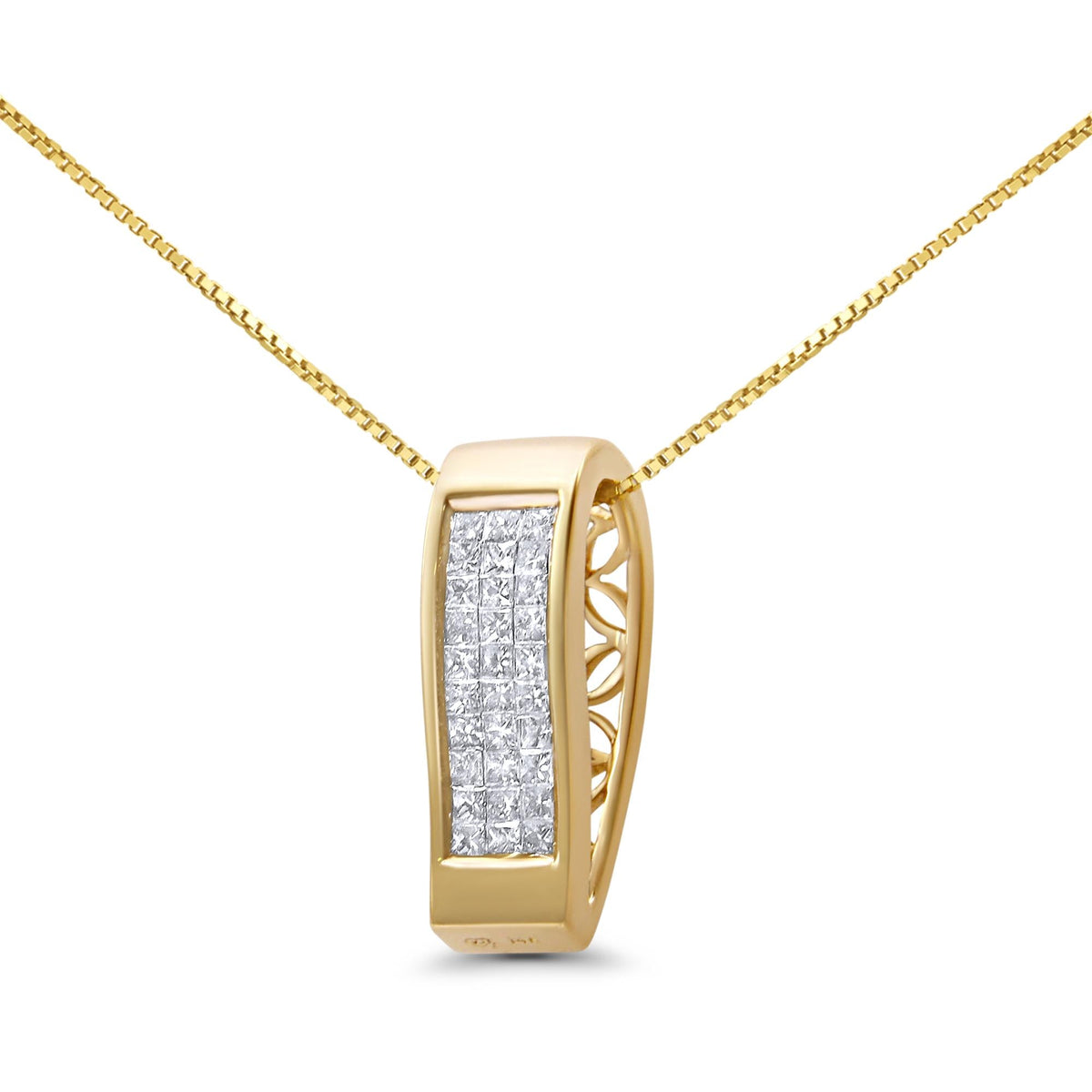 14K Gold Invisible Set Princess Cut Diamond Vertical Bar Pendant Necklace