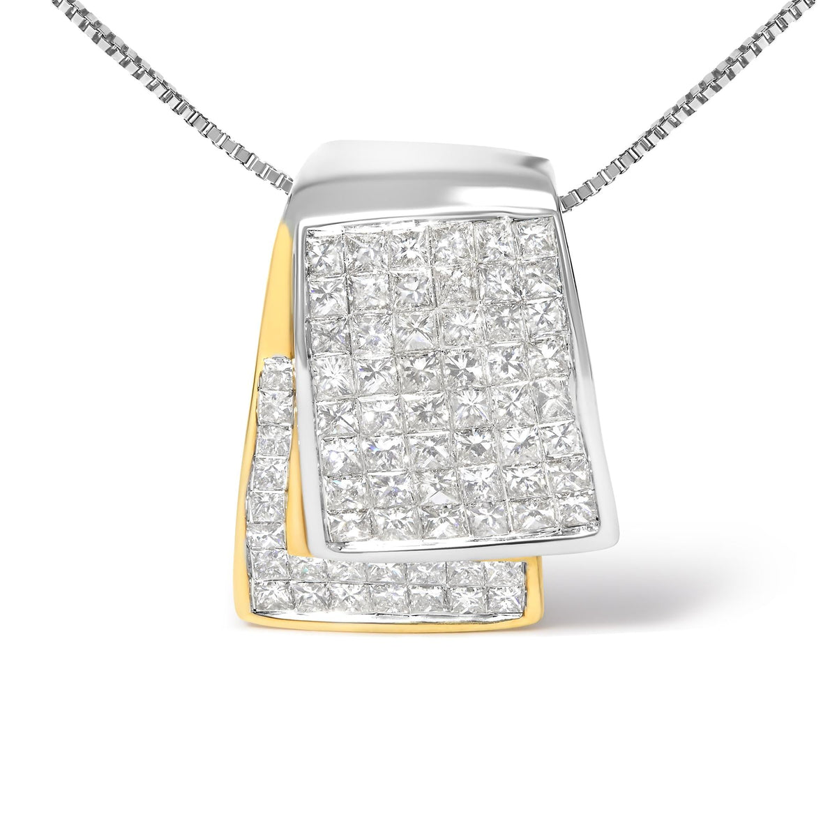 14K Two-Tone Gold Princess Cut Diamond Foldover Box Pendant Necklace