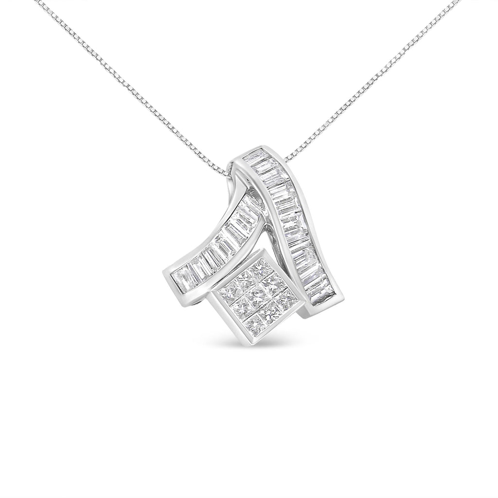 14K White Gold Princess & Baguette Diamond Mixed Geometry Pendant Necklace