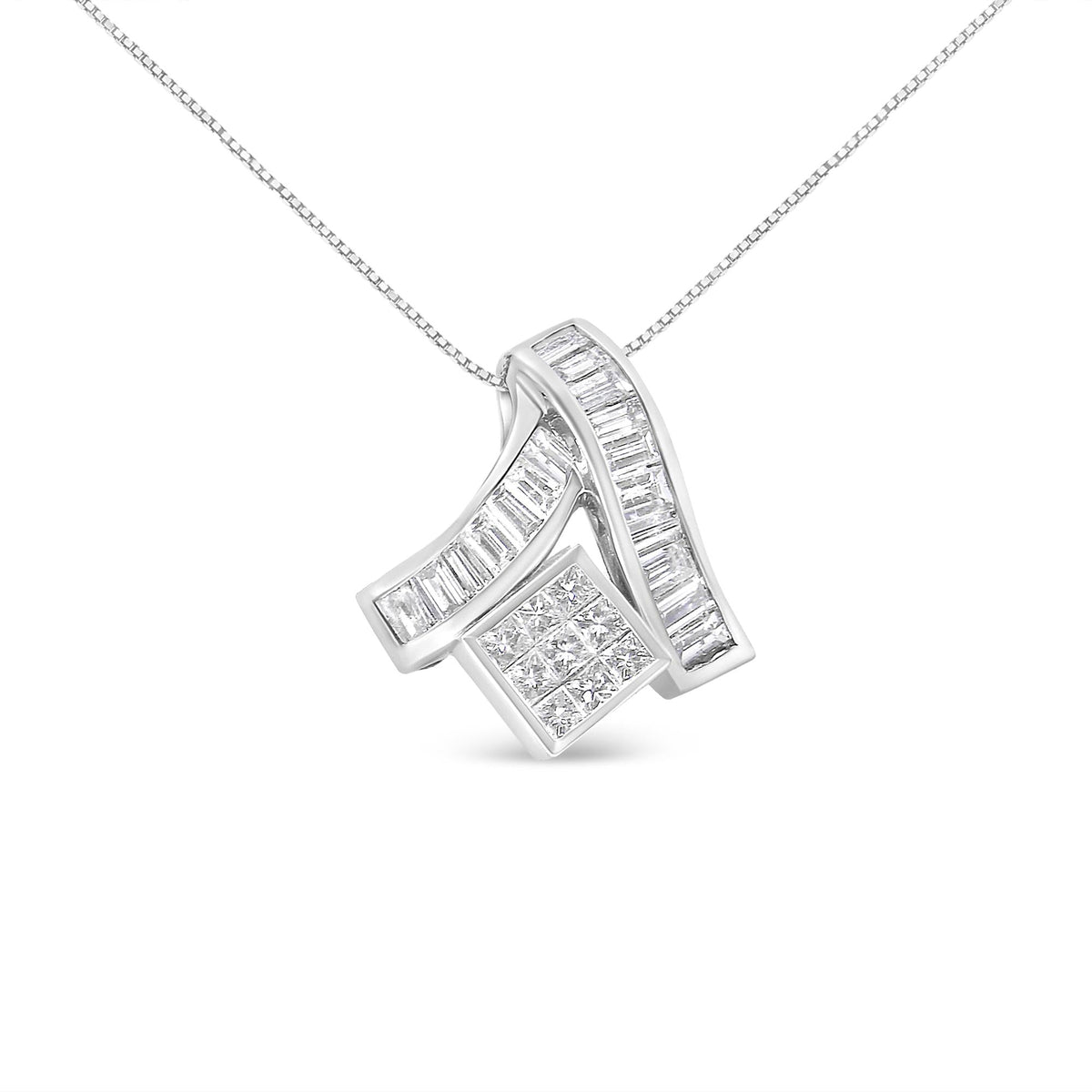 14K White Gold Princess & Baguette Diamond Mixed Geometry Pendant Necklace