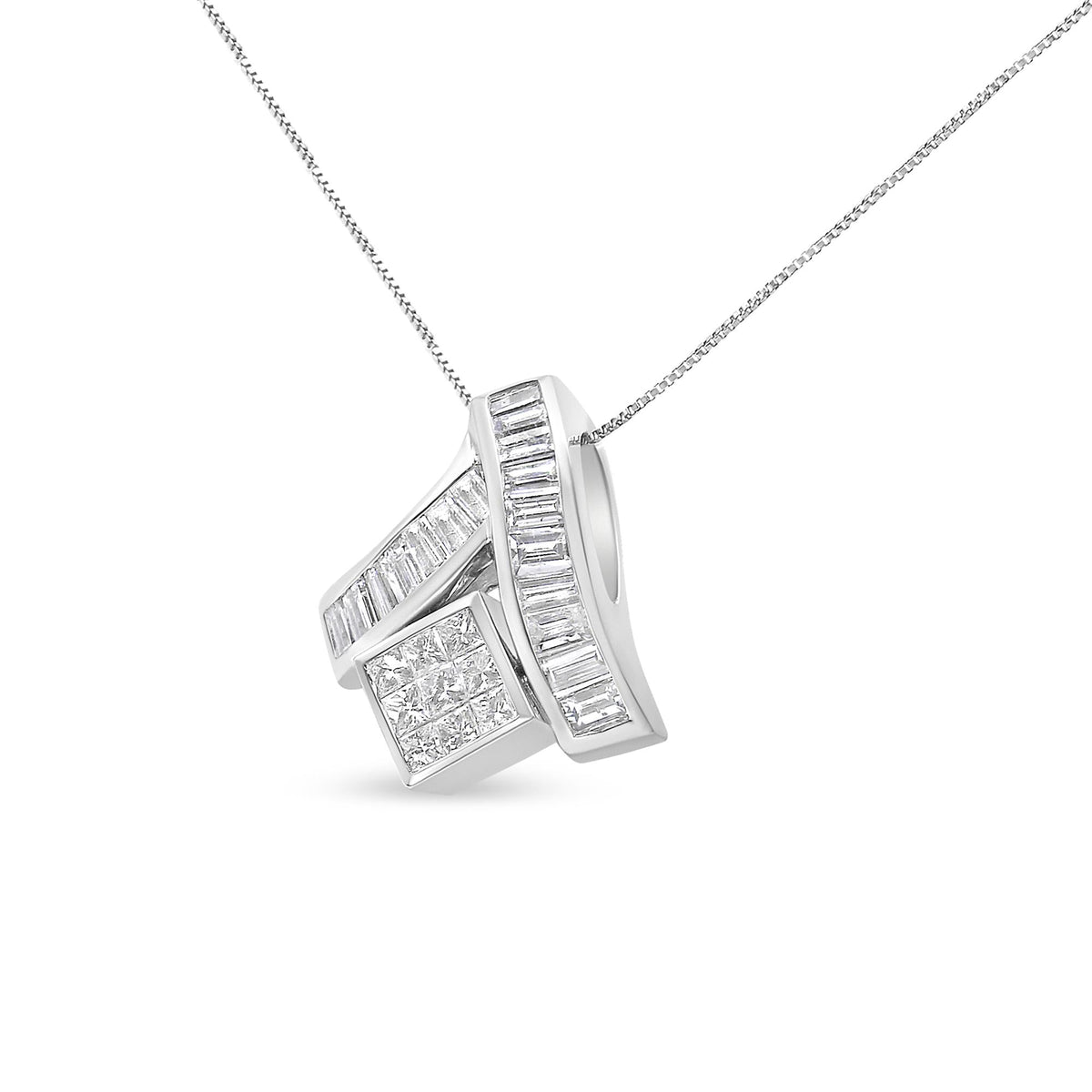 14K White Gold Princess & Baguette Diamond Mixed Geometry Pendant Necklace