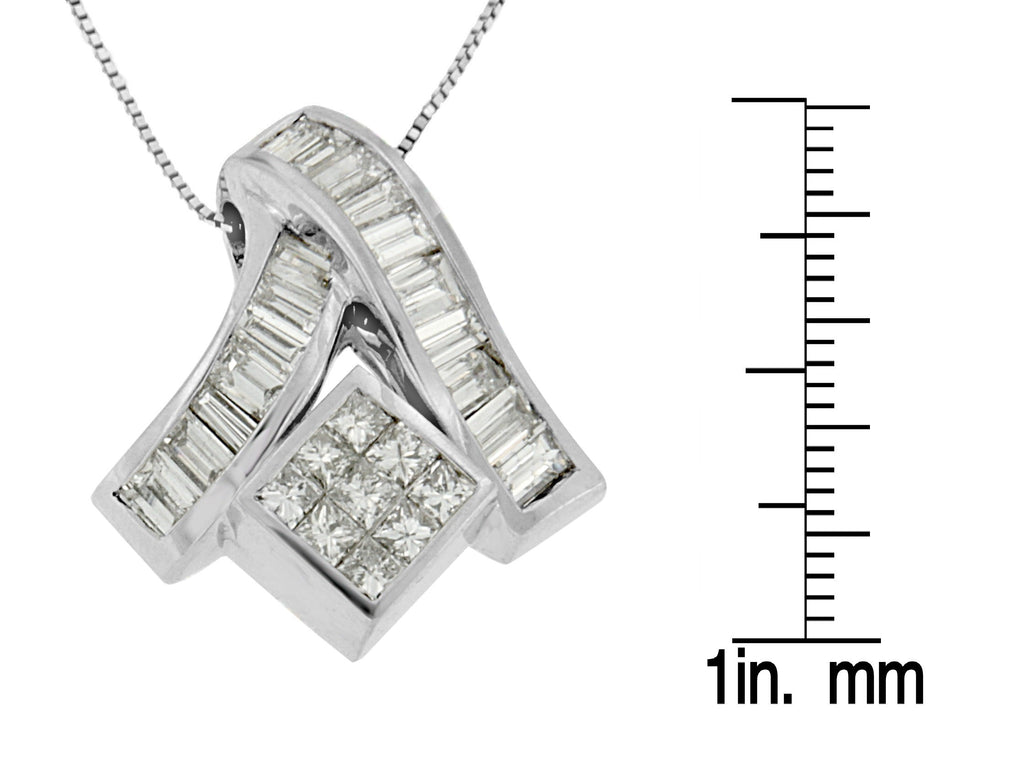 14K White Gold Princess & Baguette Diamond Mixed Geometry Pendant Necklace