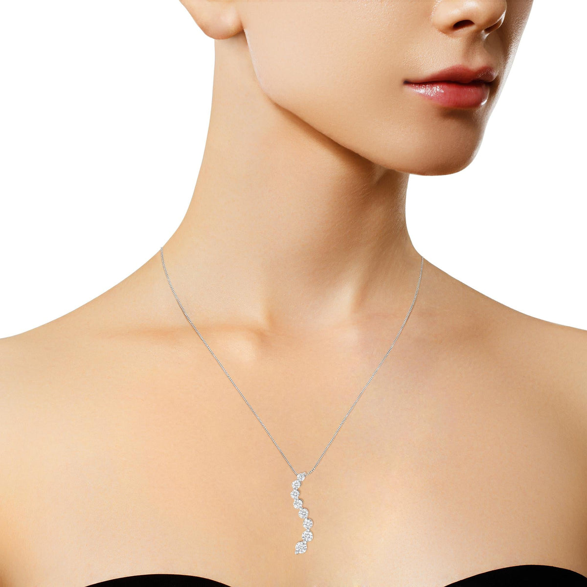 14K White Gold Diamond S-Shape Graduated Pendant Necklace