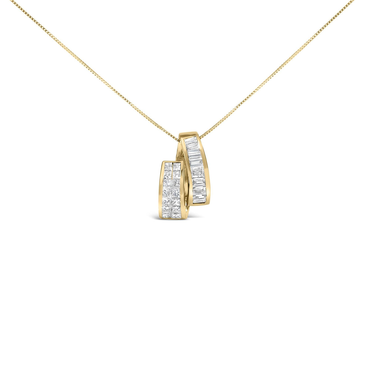 14K Yellow Gold Princess & Baguette Diamond Sweeping Pendant Necklace