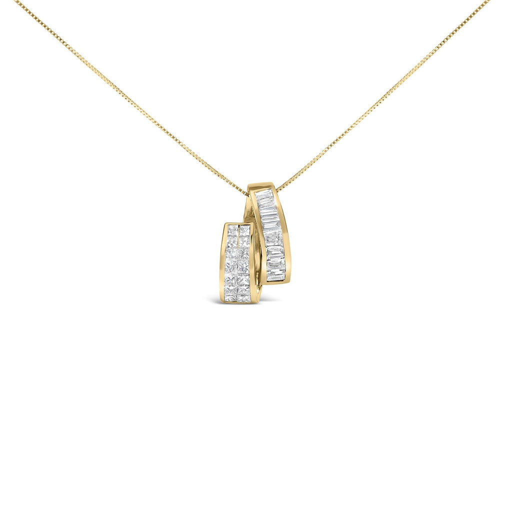 14K Yellow Gold Princess & Baguette Diamond Duo Bar Pendant Necklace