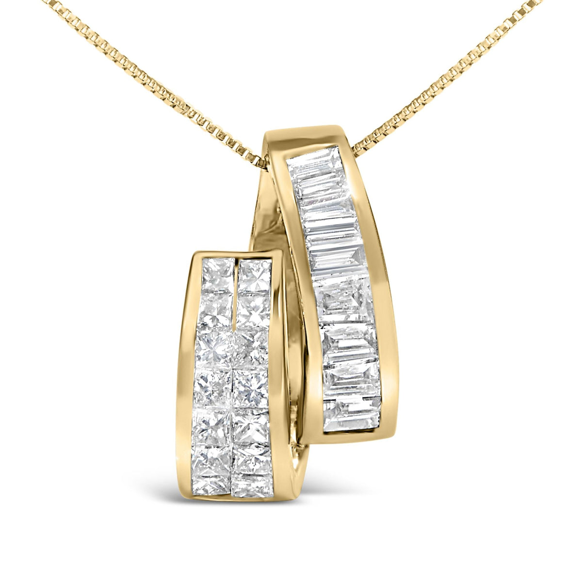 14K Yellow Gold Princess & Baguette Diamond Sweeping Pendant Necklace