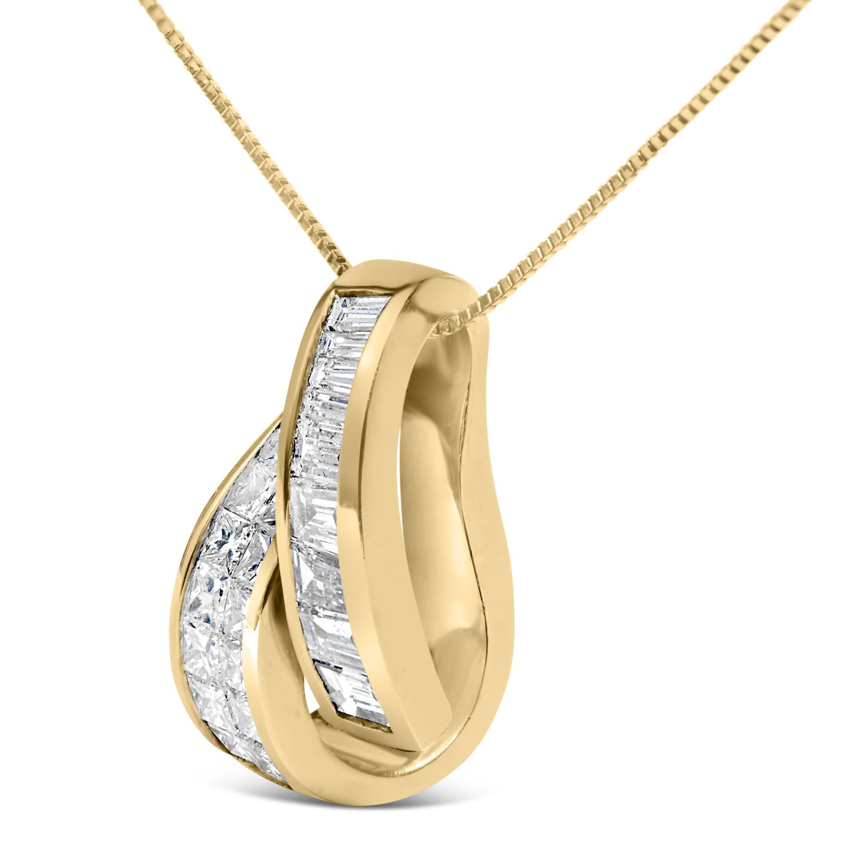 14K Yellow Gold Princess & Baguette Diamond Sweeping Pendant Necklace