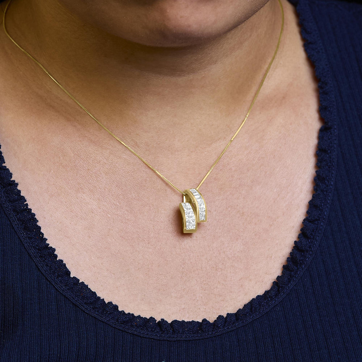 14K Yellow Gold Princess & Baguette Diamond Sweeping Pendant Necklace