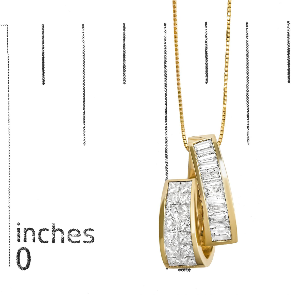 14K Yellow Gold Princess & Baguette Diamond Duo Bar Pendant Necklace