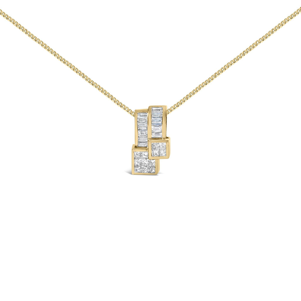 14K Yellow Gold Princess & Baguette Diamond Geometric Pendant Necklace