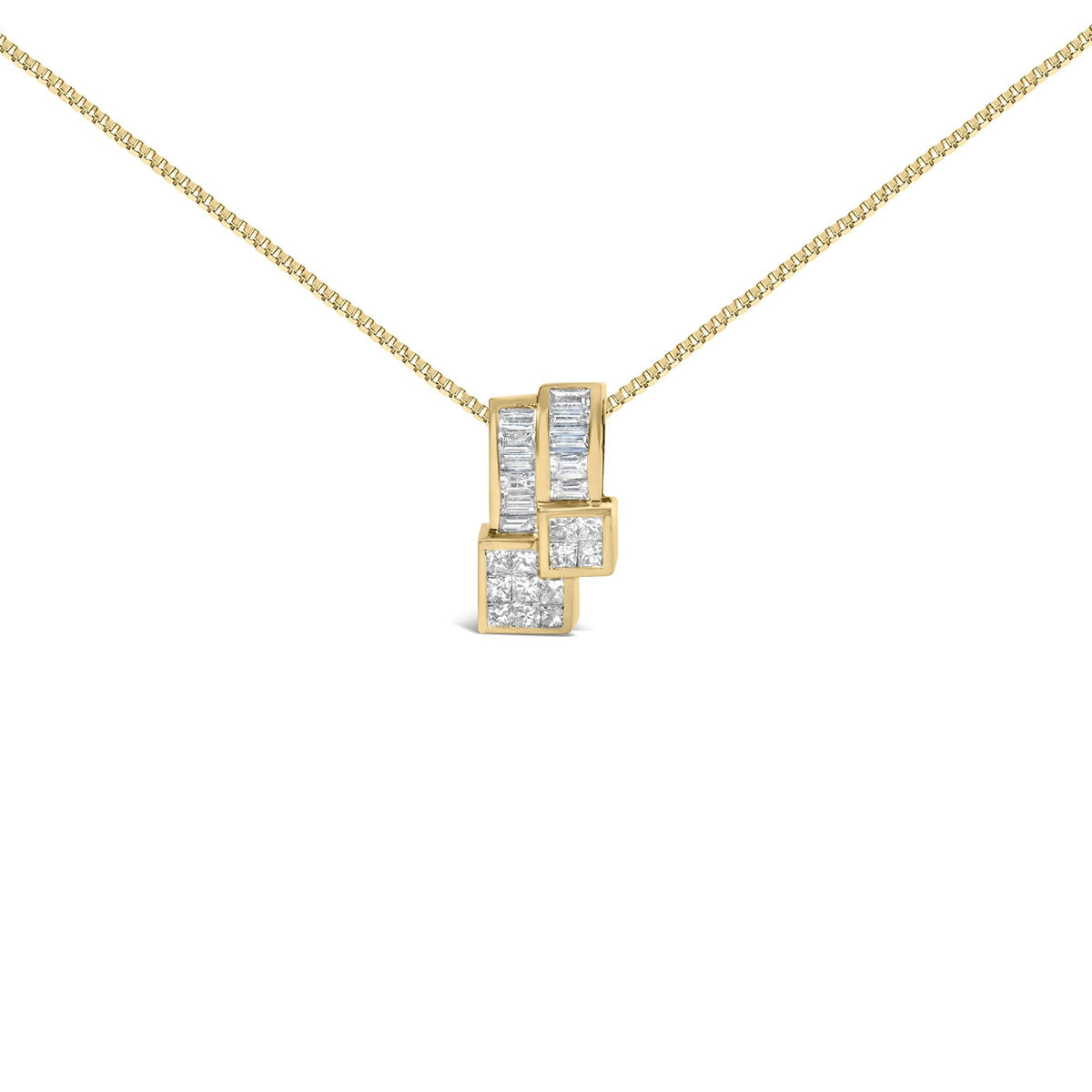 14K Yellow Gold Princess & Baguette Diamond Geometric Pendant Necklace
