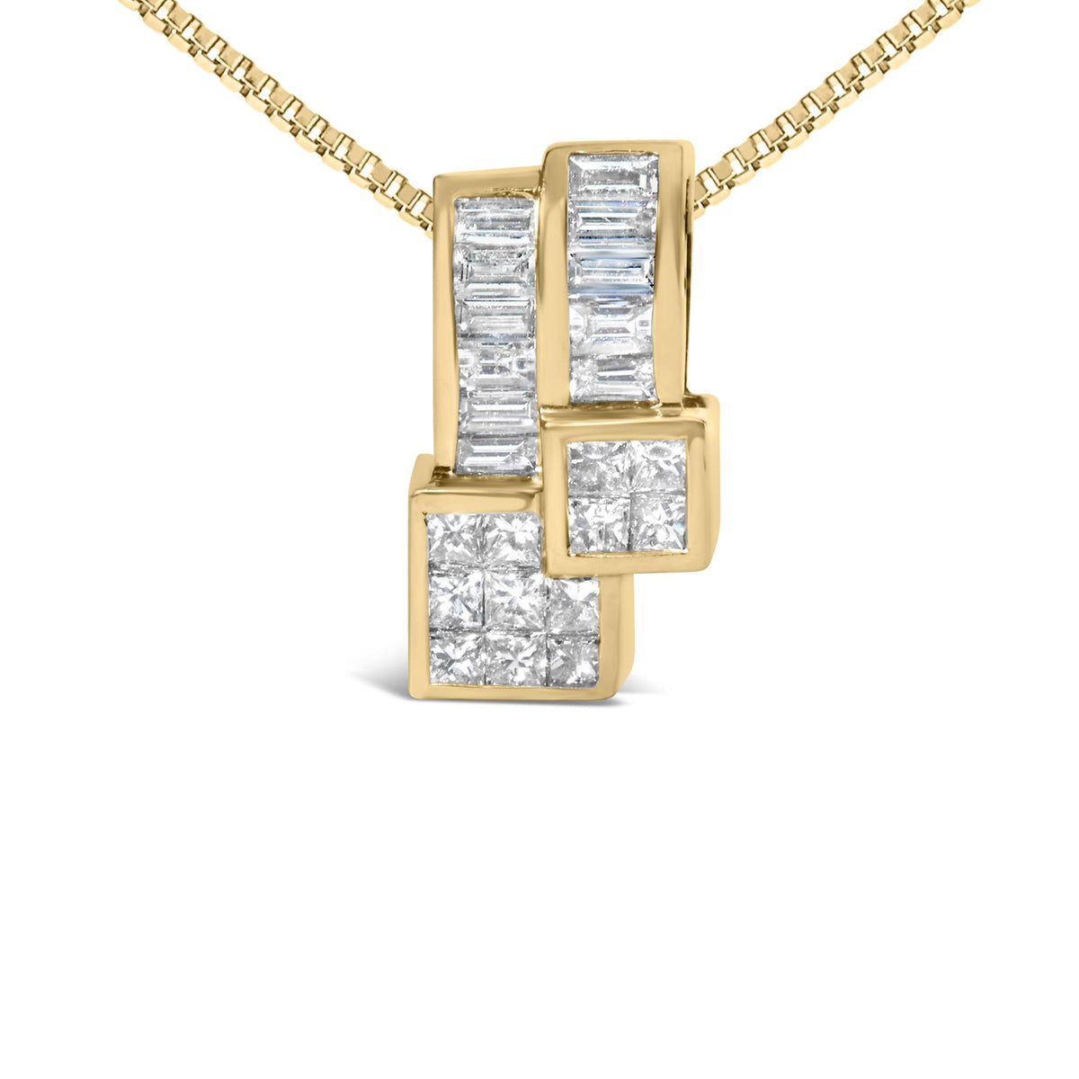 14K Yellow Gold Princess & Baguette Diamond Geometric Pendant Necklace