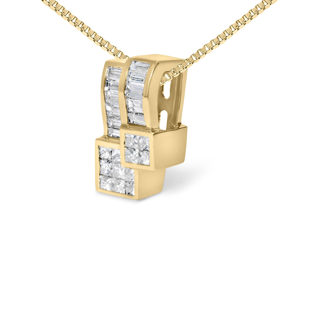 14K Yellow Gold Princess & Baguette Diamond Geometric Pendant Necklace
