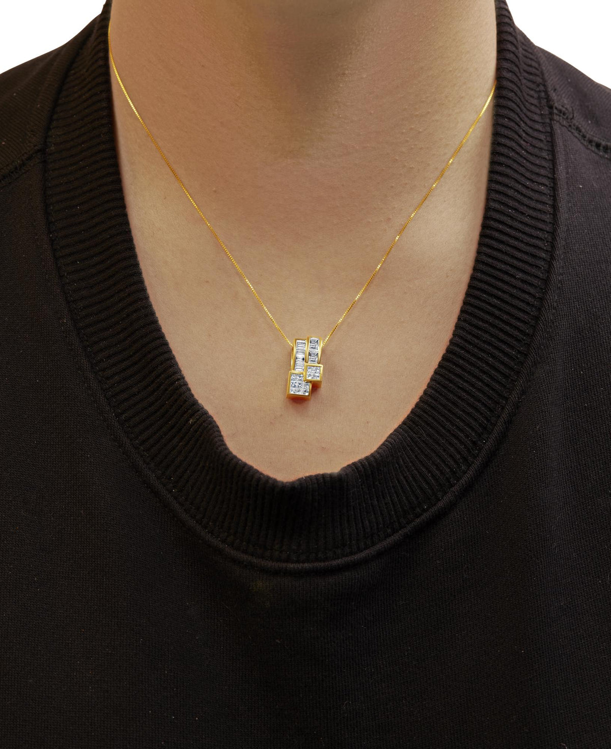 14K Yellow Gold Princess & Baguette Diamond Geometric Pendant Necklace