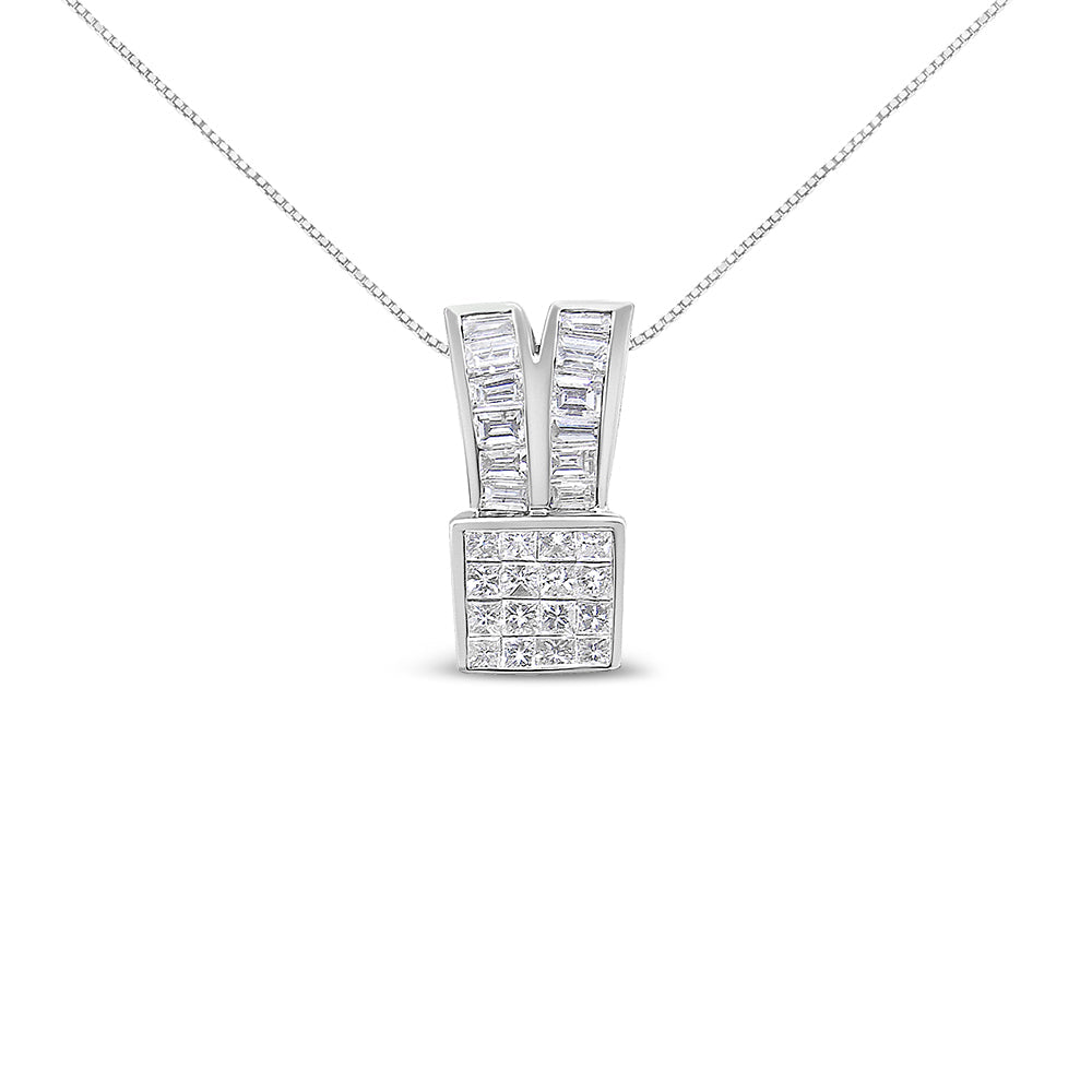 14K White Gold Princess & Baguette Diamond Heart Ribbon Pendant Necklace