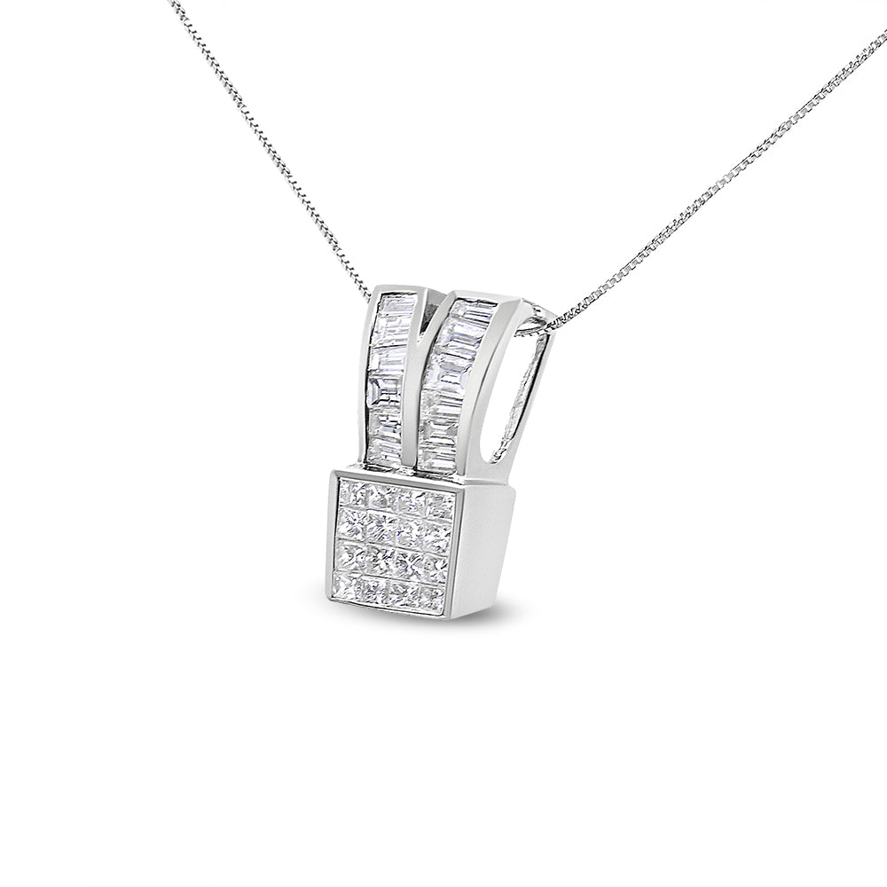 14K White Gold Princess & Baguette Diamond Heart Ribbon Pendant Necklace