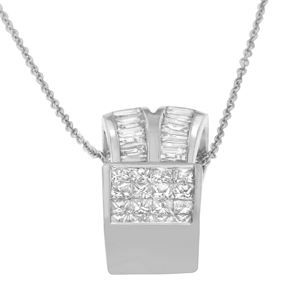 14K White Gold Princess & Baguette Diamond Heart Ribbon Pendant Necklace