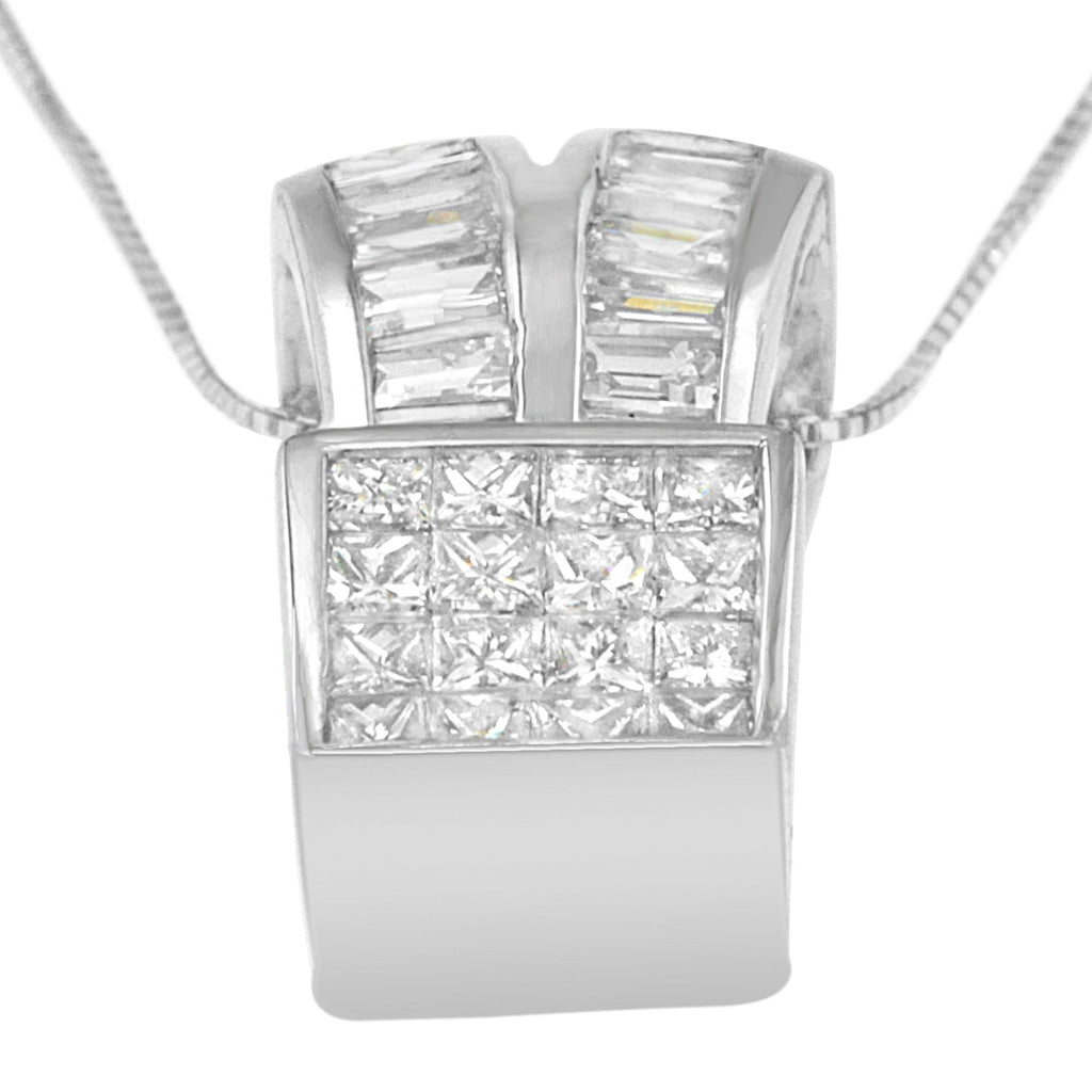 14K White Gold Princess & Baguette Diamond Heart Ribbon Pendant Necklace