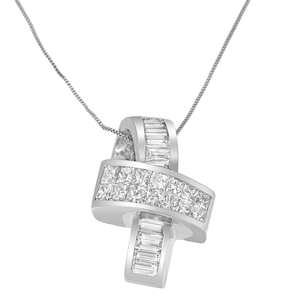 14K White Gold Princess & Baguette Diamond Ribbon Pendant Necklace