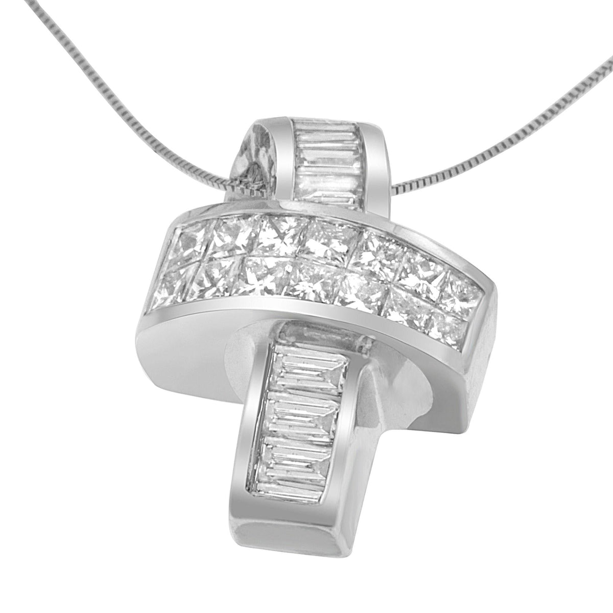 14K White Gold Princess & Baguette Diamond Ribbon Pendant Necklace