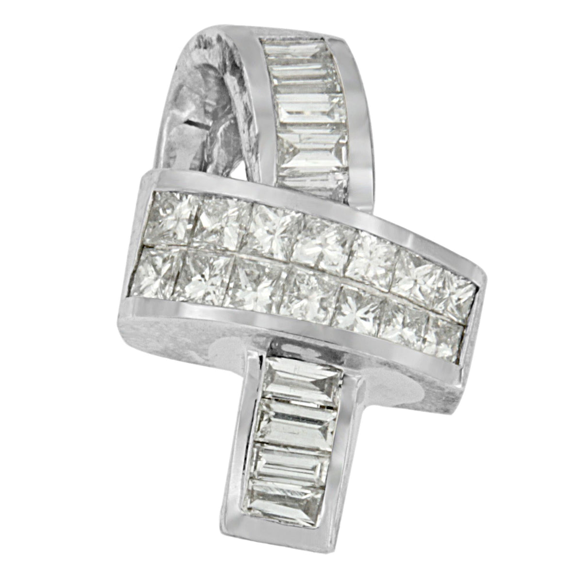 14K White Gold Princess & Baguette Diamond Ribbon Pendant Necklace