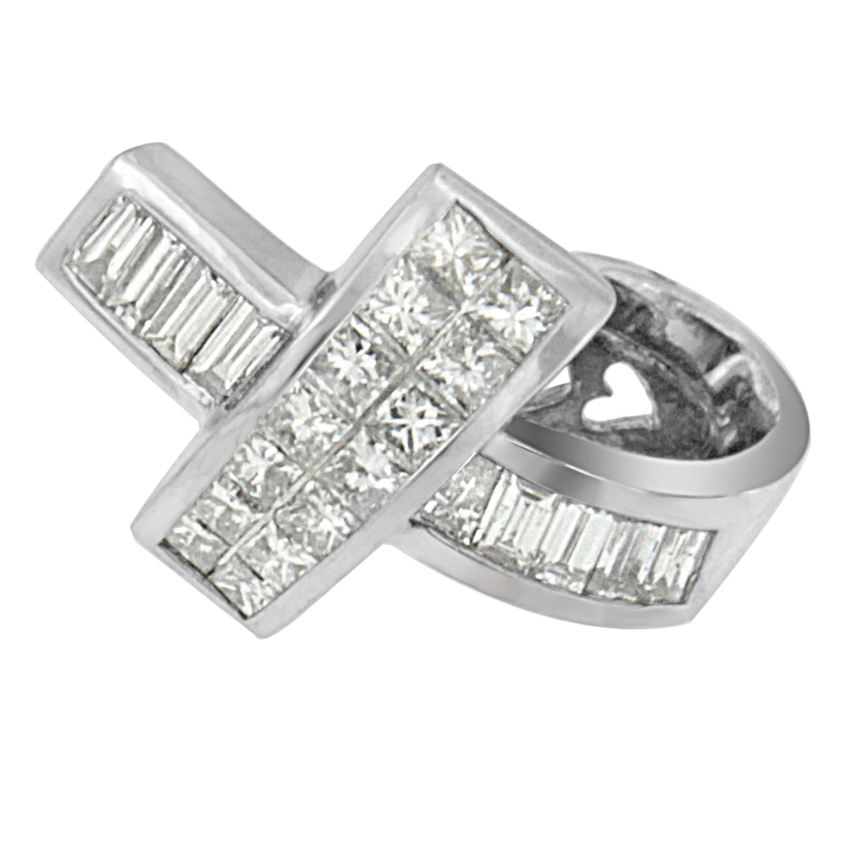 14K White Gold Princess & Baguette Diamond Ribbon Pendant Necklace