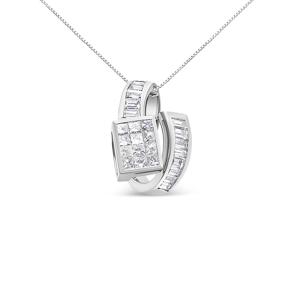 14K White Gold Princess & Baguette Diamond Double Loop Pendant Necklace
