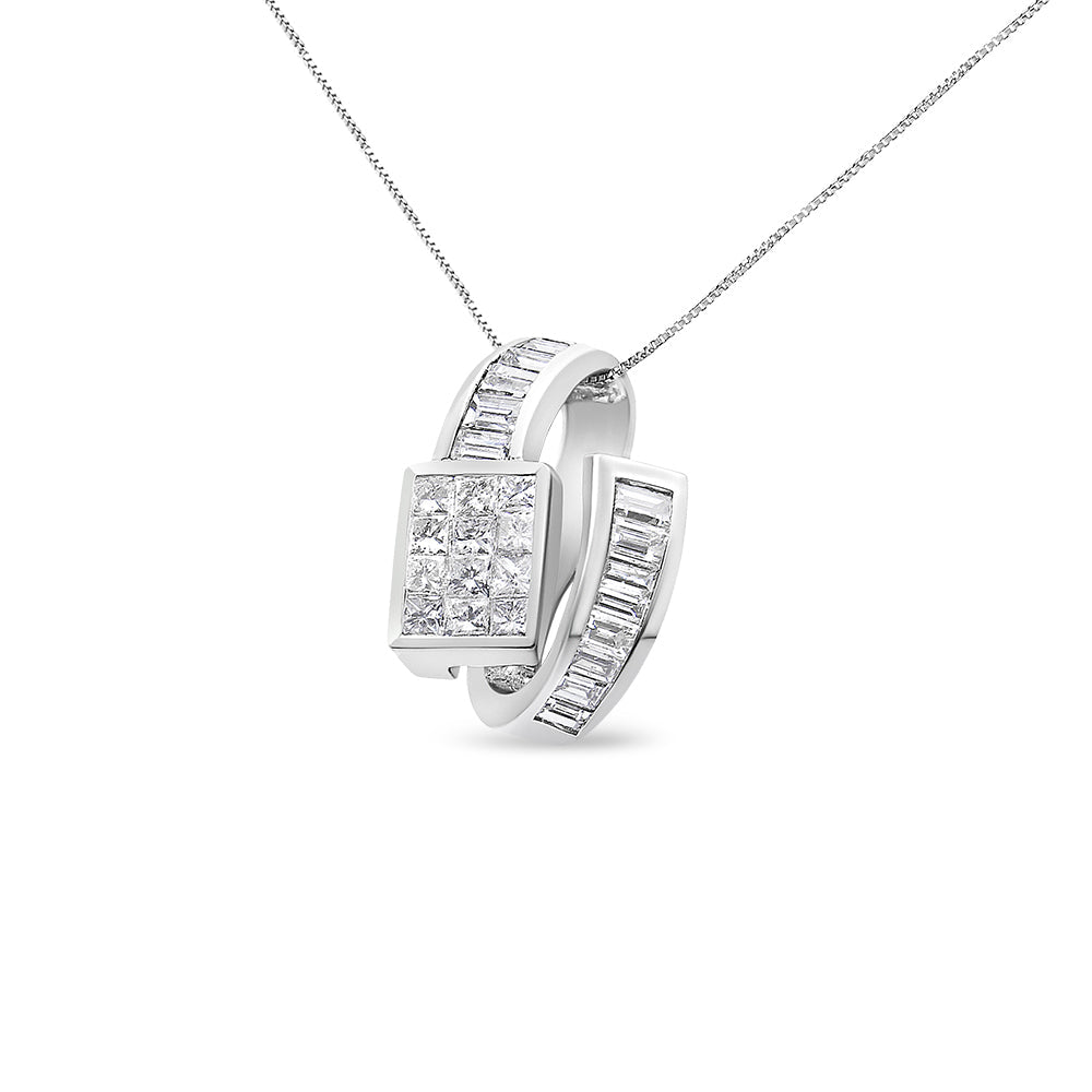 14K White Gold Princess & Baguette Diamond Double Loop Pendant Necklace