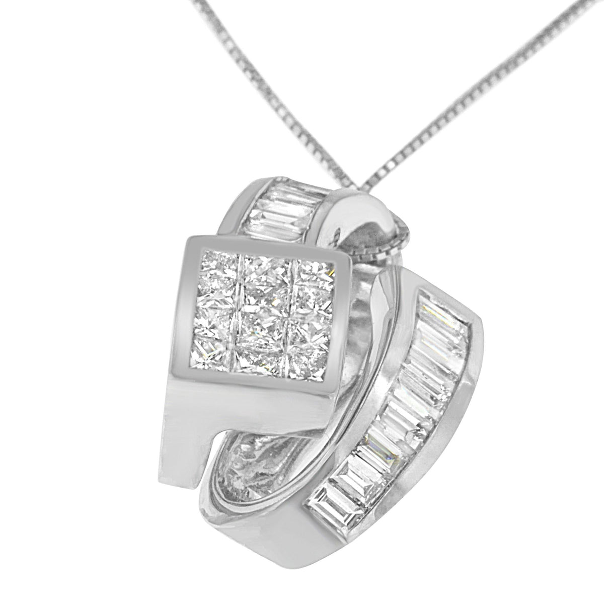 14K White Gold Princess & Baguette Diamond Double Loop Pendant Necklace
