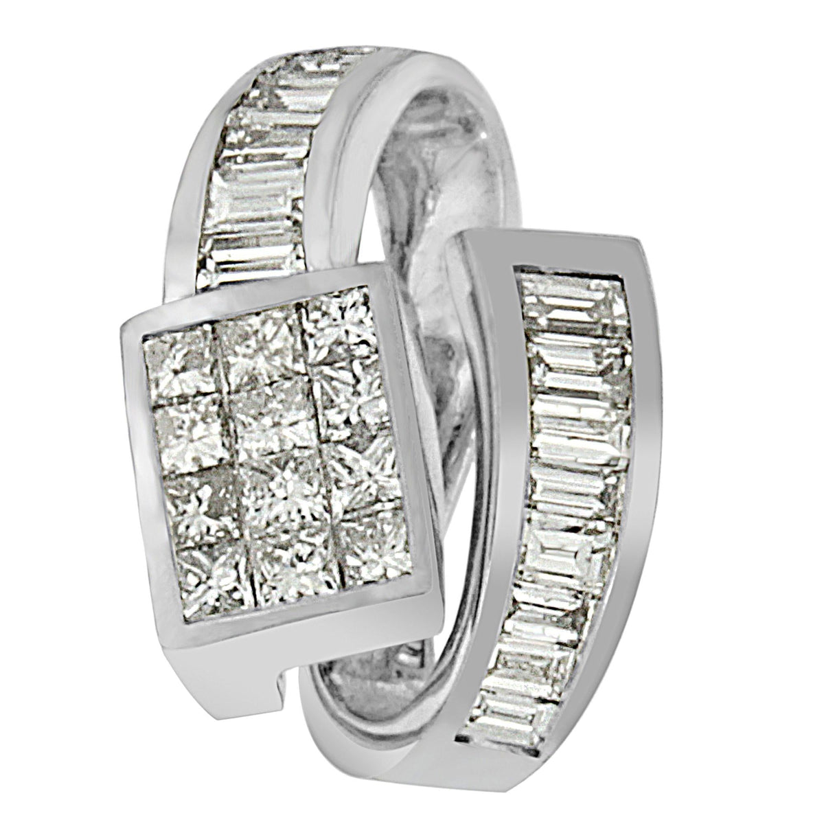 14K White Gold Princess & Baguette Diamond Double Loop Pendant Necklace